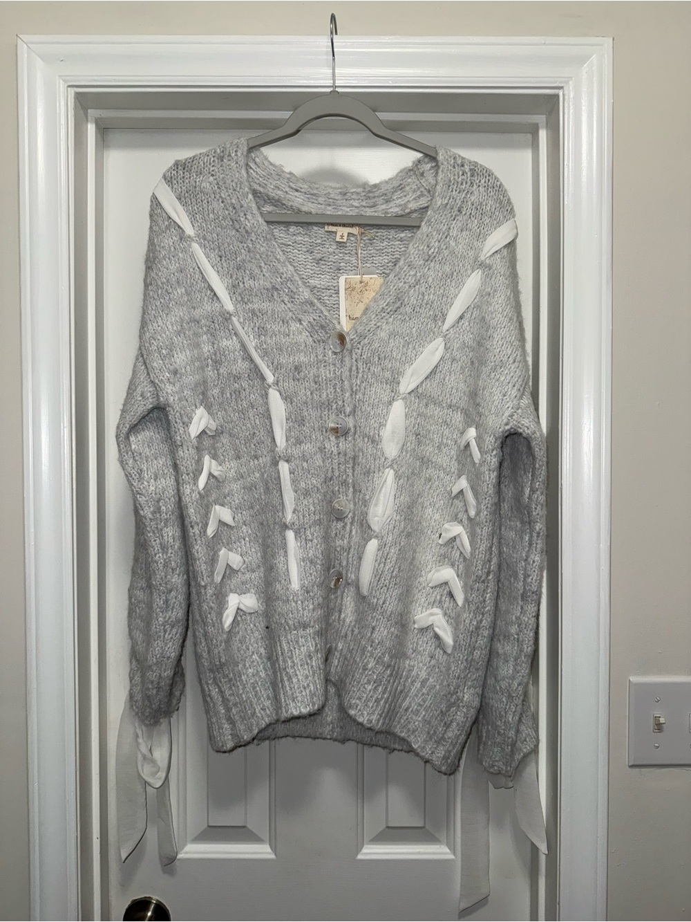 Hem & Thread Lace-Up Cardigan Gray & White